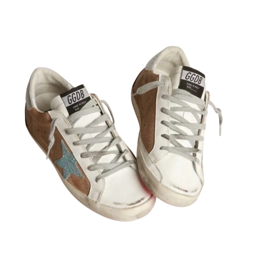 Golden Goose Super-Star Brown White Leather Sneakers Sparkle Blue GGDB 8.5 39 EU